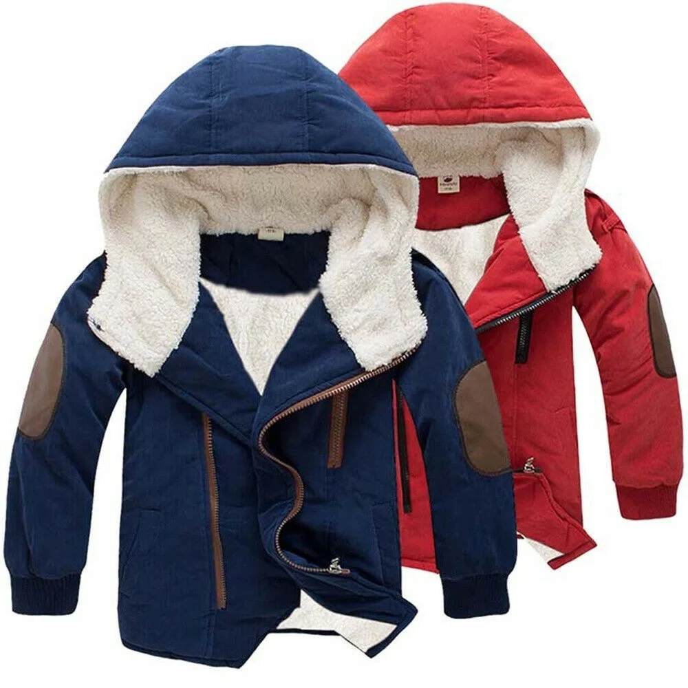 Warm Kids Boys Clothes Padded Coat Solid Color Cotton Children Boys Winter Hooded Jackets Thickened Lamb Hooded Warm Casual