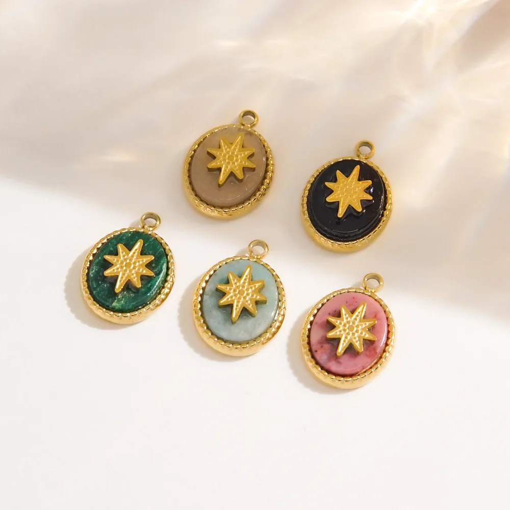 Manna French Vintage Oval Black Agate Charms Titanium Steel Colorful Octet Star Natural Stone Pendant For DIY