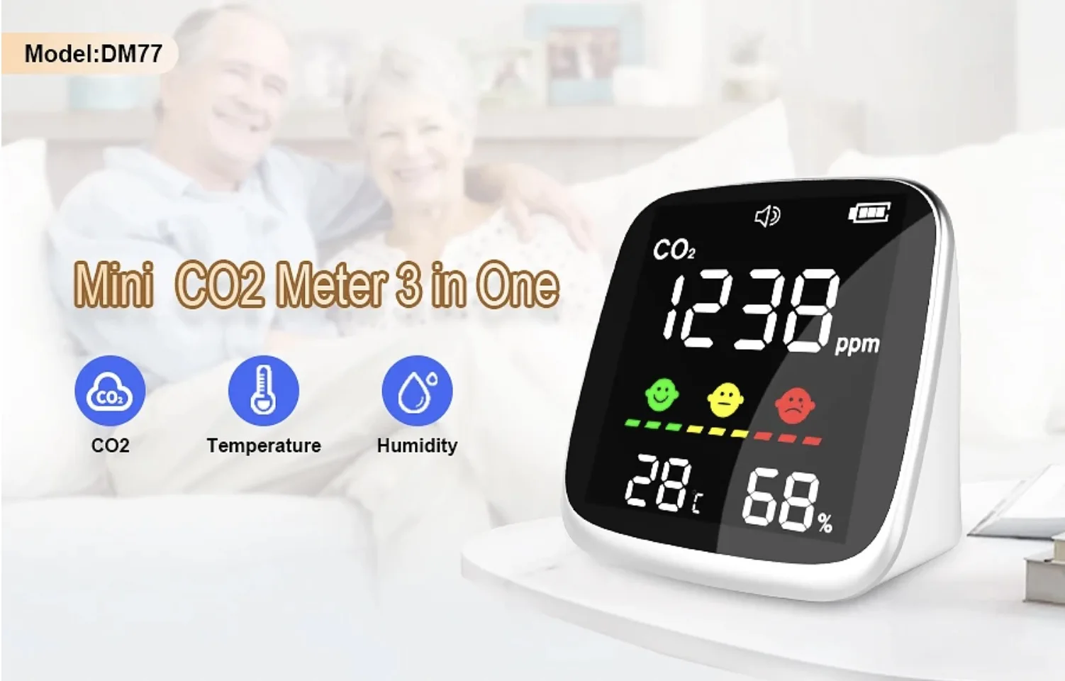 3 in 1 NDIR CO2 Meter 2000mAh Rechargeable Infrared CO2 Detector Desktop CO2 Monitor with Temperature Humidity