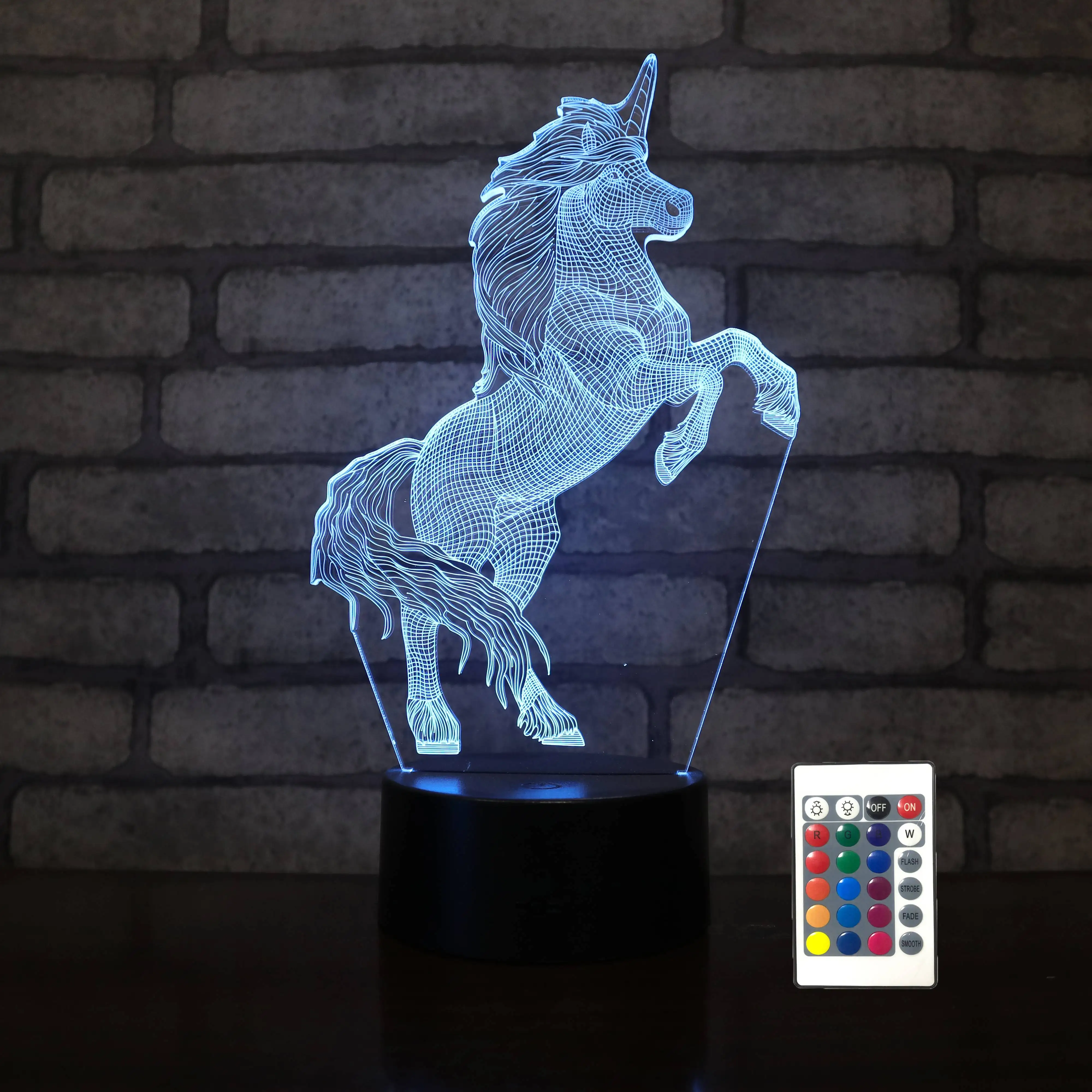 Spray running unicorn modle plexiglass led 3d lamp shadow hologram RGB 16colors night light with battery case and remote