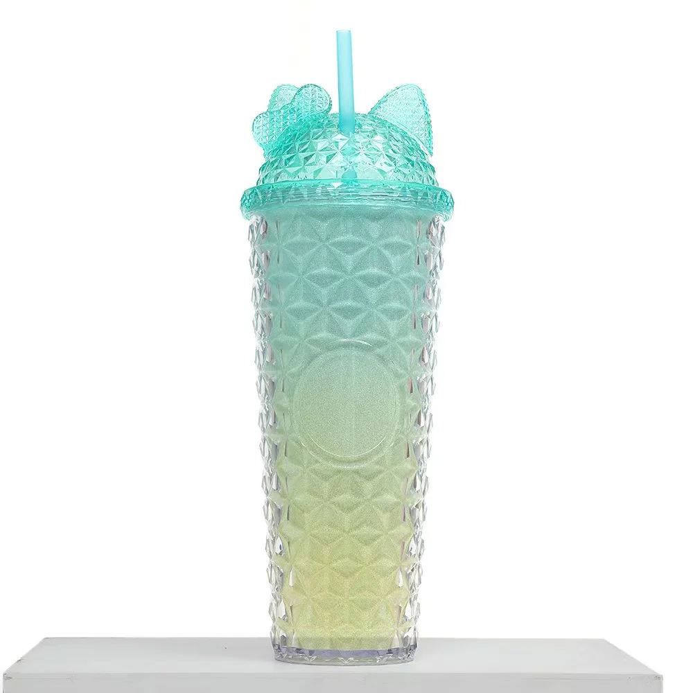 Botu Custom Logo 24oz Plastic Straw Cups Hello Kt Head Gradient Color Durian Water Cup Tableware Reusable Drink Cups With Lid