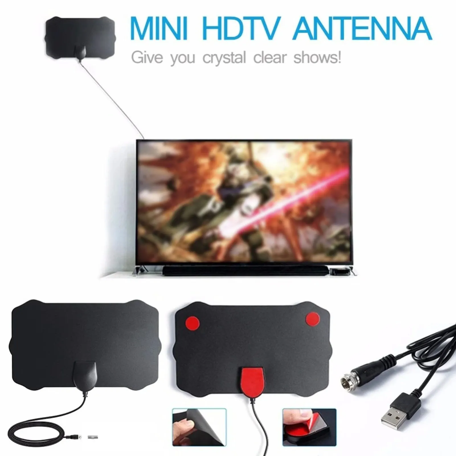 Цифровая ТВ антенна для помещений HDTV Мини приемник сигнала с коаксиальным кабелем бесплатных каналов