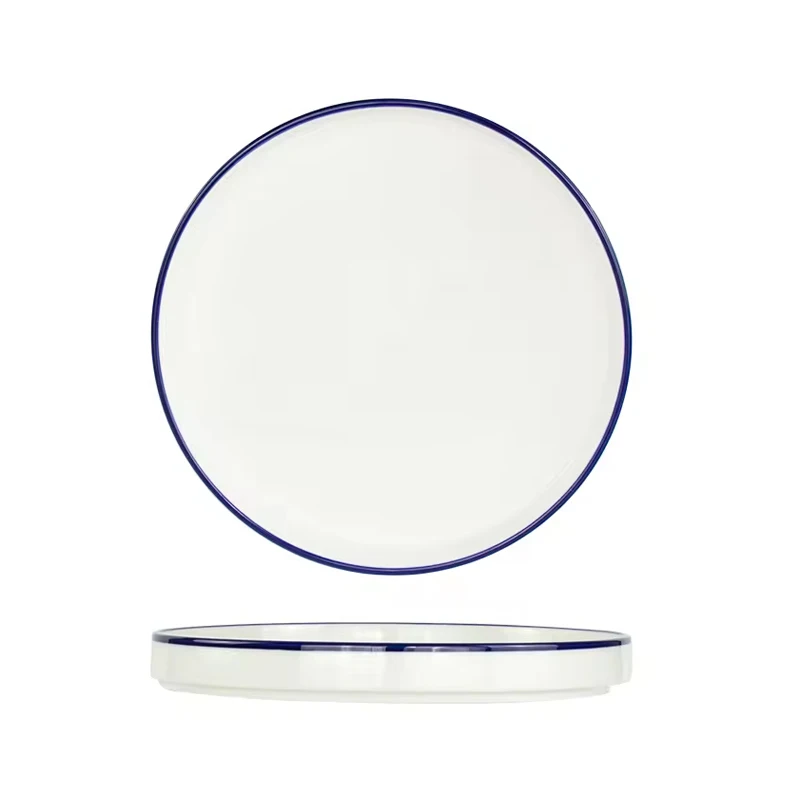 Vertical Side Short Porcelain White Flat Plate with Blue Color Rim