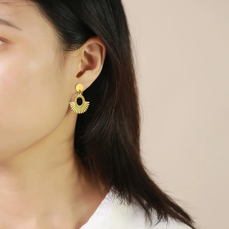 Wholesale Vintage Natural Stone Stainless Steel Statement 18K Gold Black Agate Sun Flower Onyx Drop Studs Earrings for Women