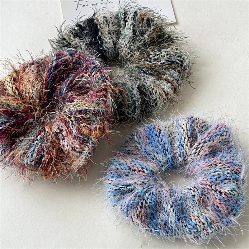 Sweet autumn winter hair Accessories  Soft Mixed Color Mohair Yarn Knitting Stripe Plush Scrunchies elasticity Hair Bands
