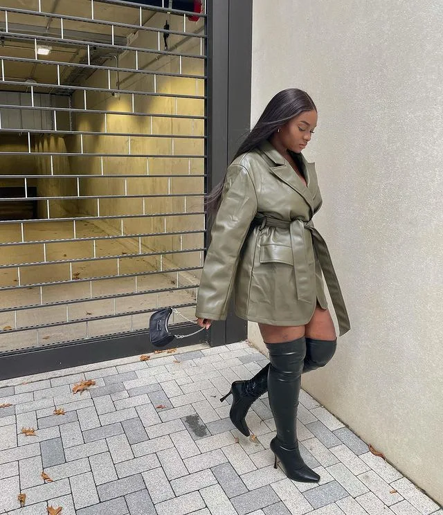 H2503 sexy PU leather young women Korea fancy army green stand collar long sleeve belt ladies fashion coat