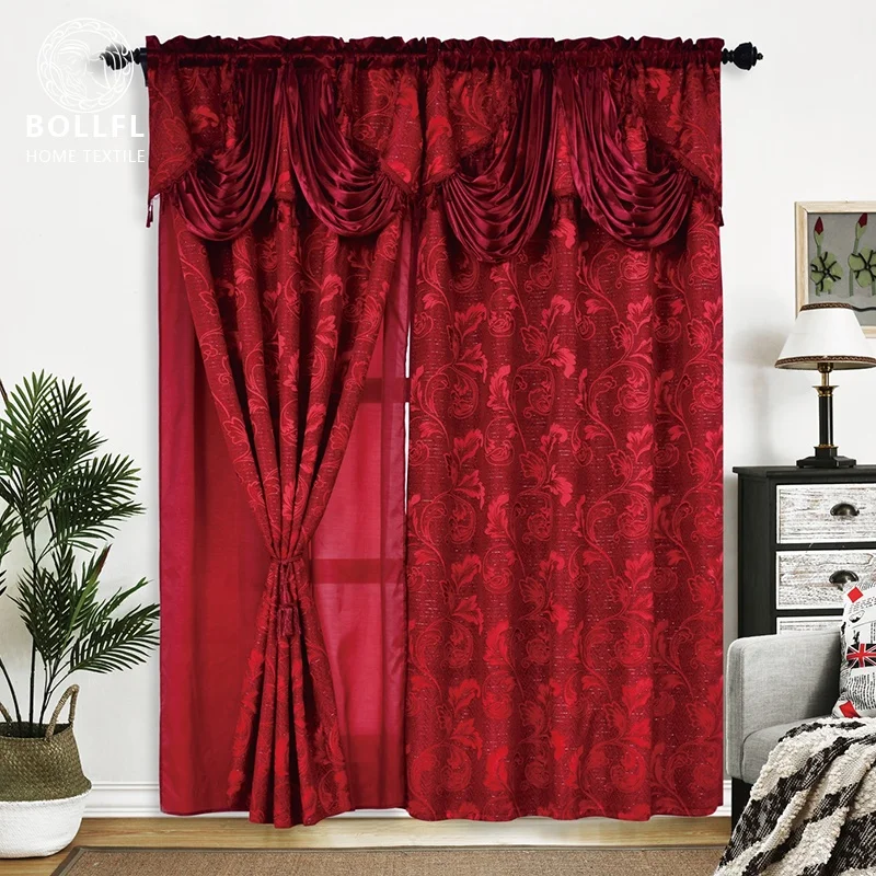 
Grey Fancy Jacquard Curtain with Attached Valance and Tassels Decoration on the Top for Living Room or Cafe 