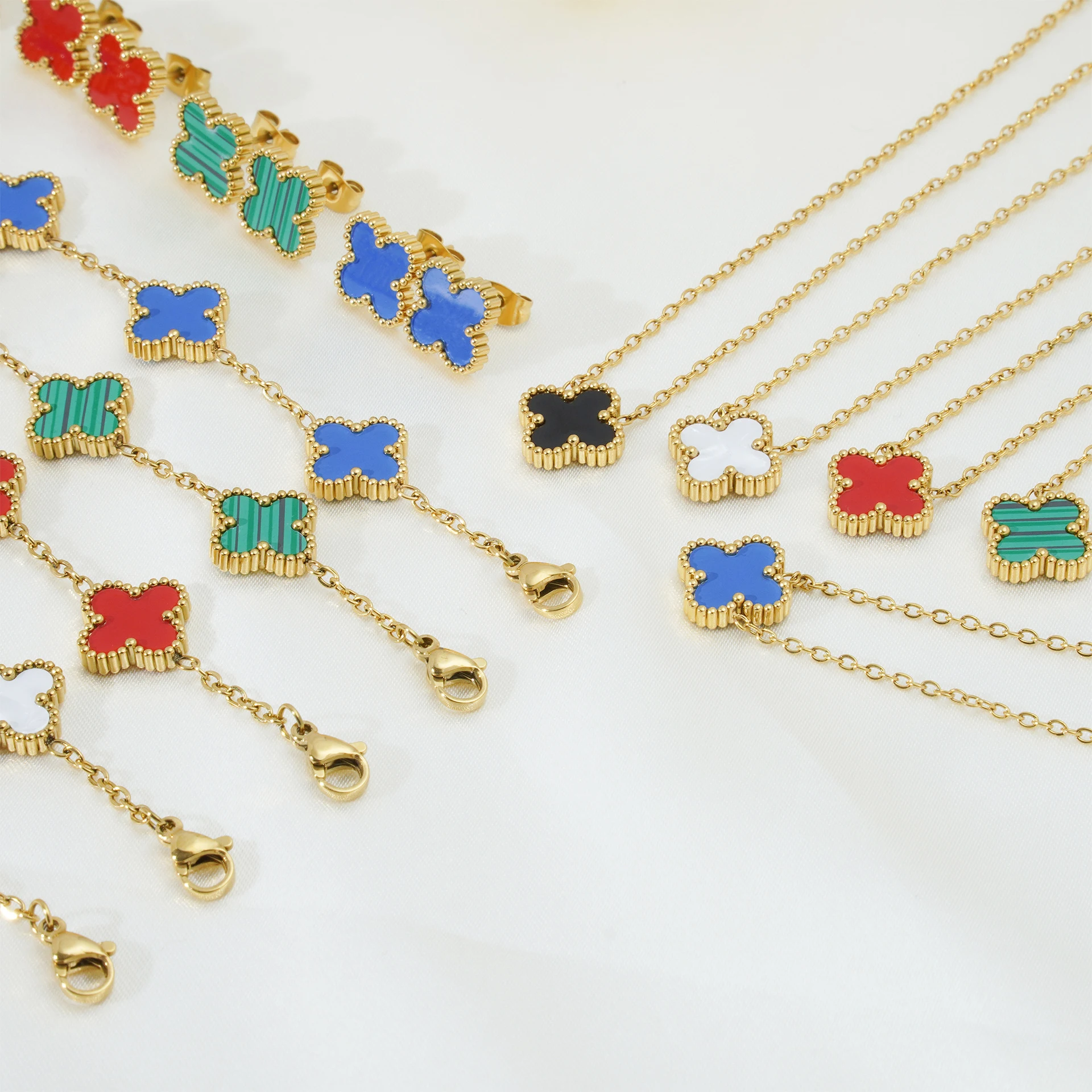 Non Tarnish 18K Gold Plated Stainless Steel 13mm Lucky Four Leaf Clover Earrings Bracelet Necklace Jewelry Set For Women