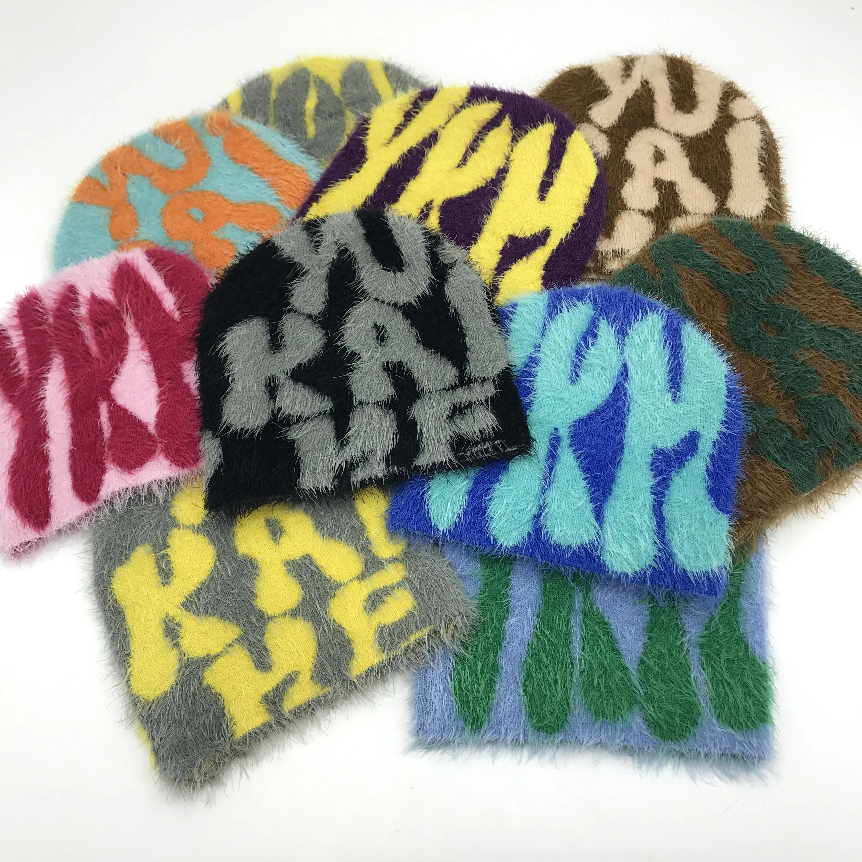 Custom Logo Jaquards Y2K All Over Print Logo Beanies Acrylic High Quality Knit Premium Jacquard Mohair Beanie Hat