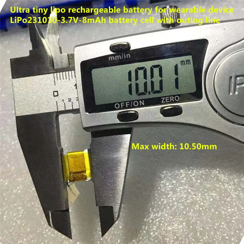 Customized Ultra smallest tiny size 231010 3.7v 8mah lipo battery for Sensors/Labels/Medical Devices/Power cards/Smart cards