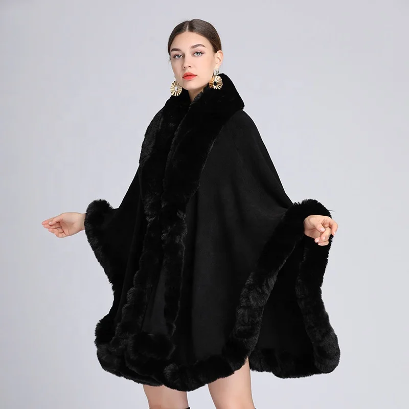 Plain Color Winter Female Stoles Knitted Faux Rabbit Fur Collar Poncho Cape Shawl Wrap Luxury Oversize