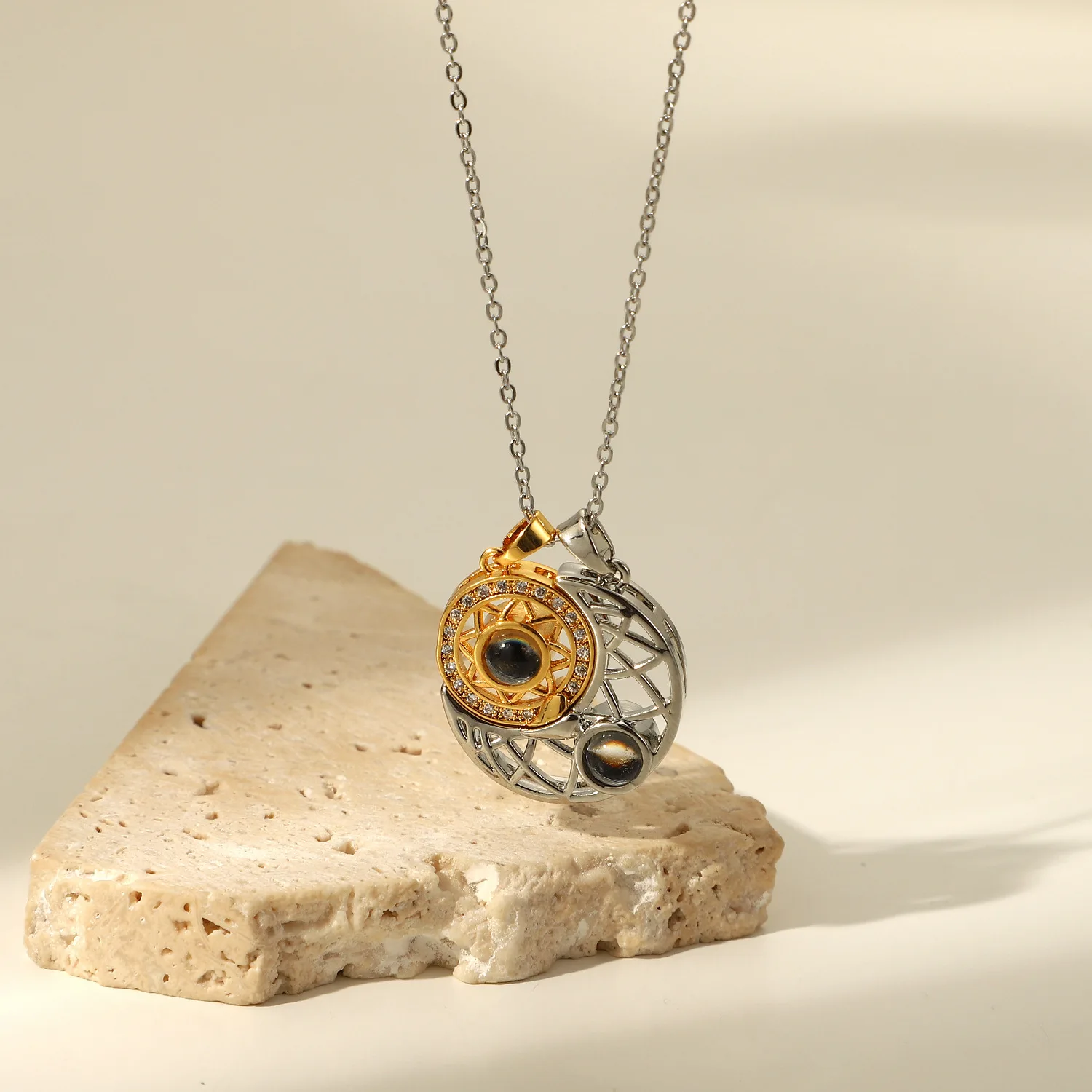 Valentine Gift 100 Languages I Love You Sun and  Moon Necklaces Stainless Steel Gold Chain Couple Pendant Necklaces