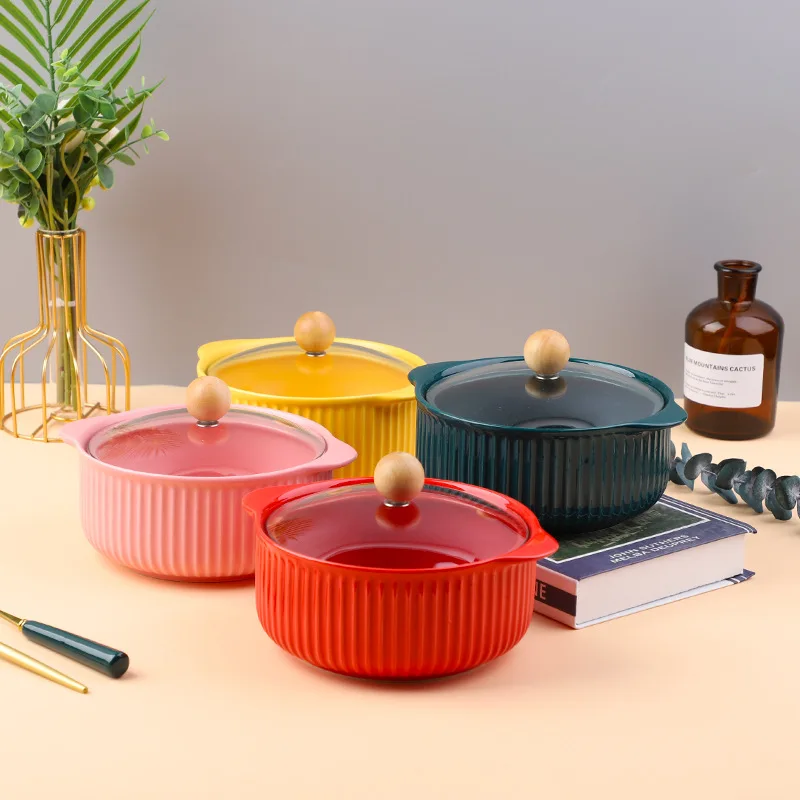 Low Price 20cm Ceramic Noodle Bowl  with Glass Lid Colorful Soup Bowl