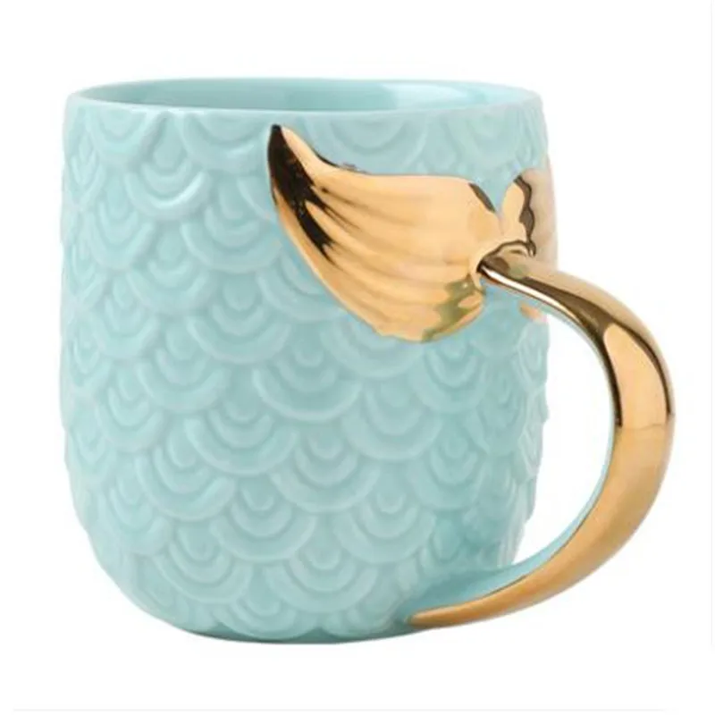 2021 Ins new design mermaid pattern glazed plain milk tea porcelain cup pink tazas travel ceramic coffee mug with gold