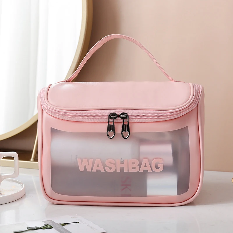 Logo Customize Waterproof PU Leather Women Travel Transparent Pink TPU Washing Cosmetic Bag Pouch Clear Zipper PVC Makeup Bags