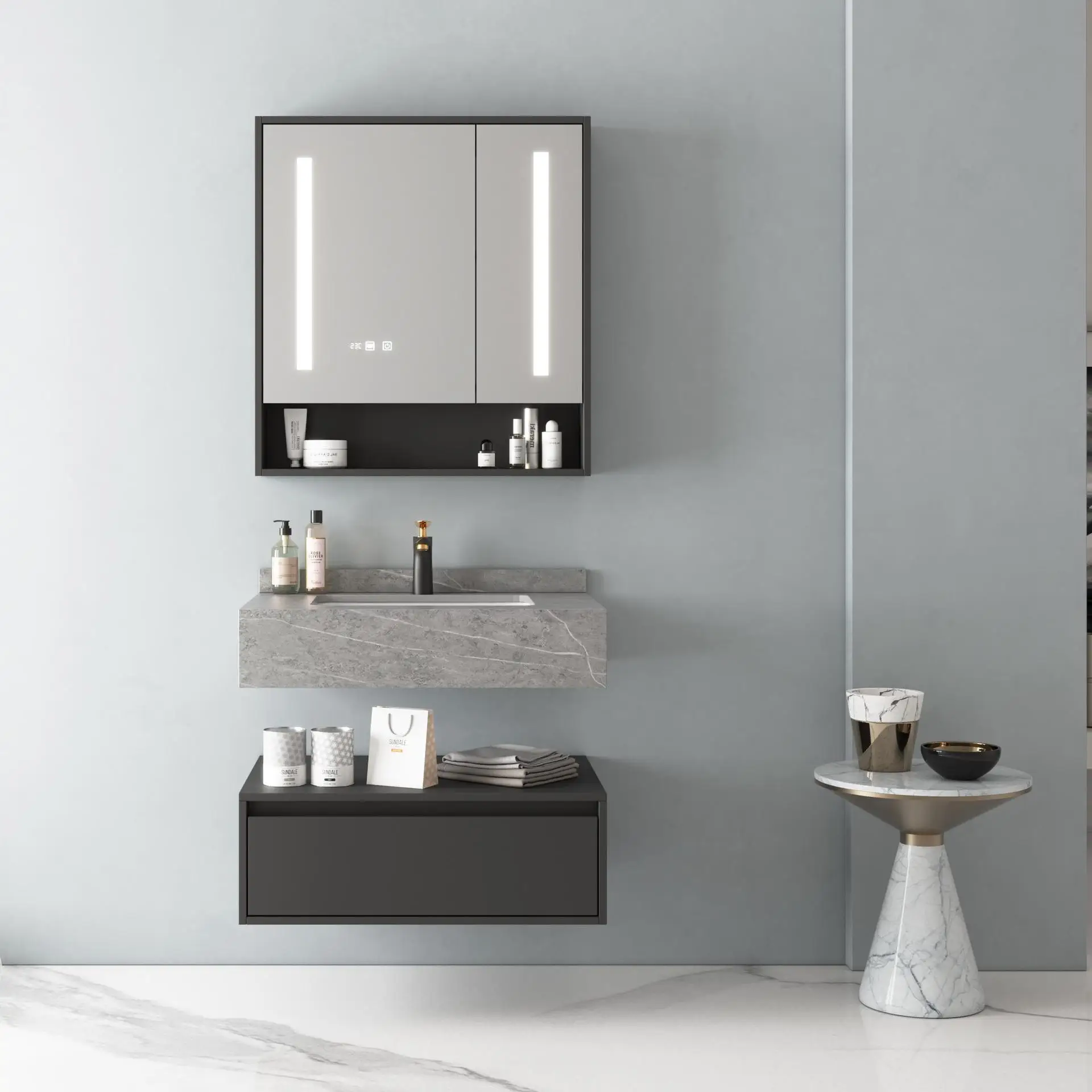 Illuminated Smart Mirror Vanity Set Modern Storage Bathroom Washroom Mirror Cabinet With Led Light