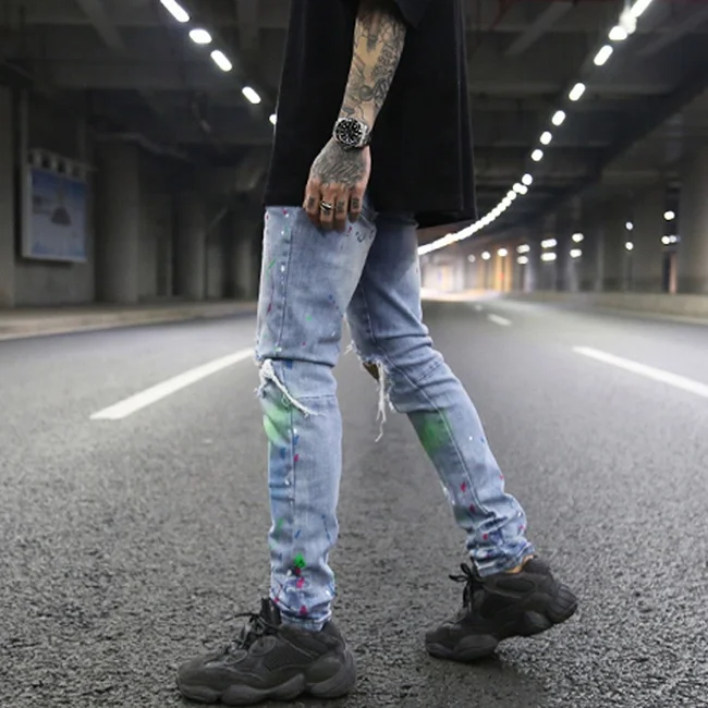 OEM fog vintage splash ink graffiti paint pants skinny jeans men distressed ripped jeans blue casual pants stock dropshipping