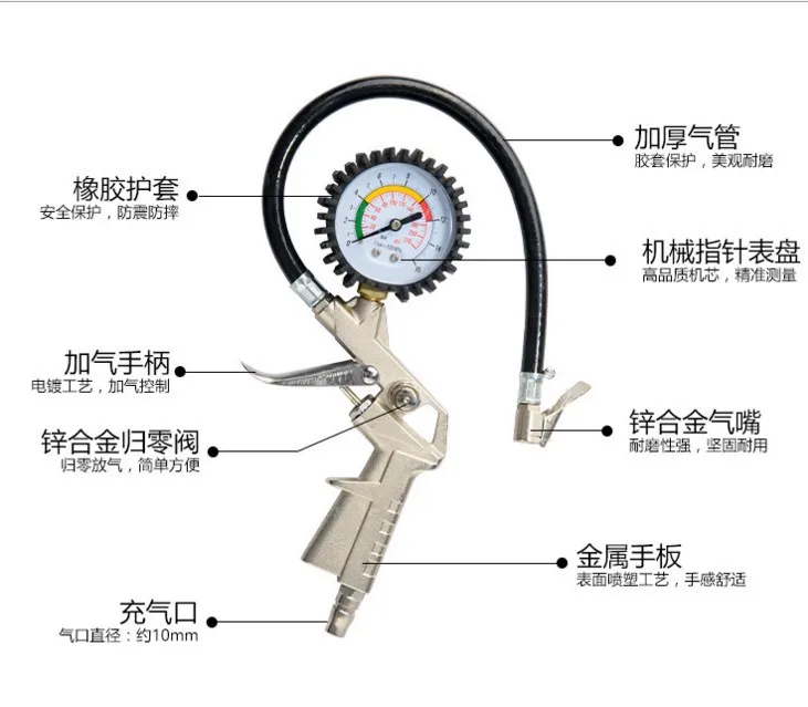 
220PSI Tire Pressure Inflator Gauge With Flexible Hose cheap pressure gauge 