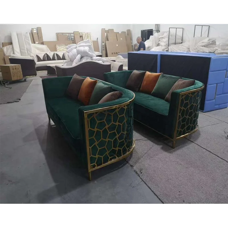 2024 Hot sale fashion good price navy green velvet golden stainless steel sofa set frame living room sofa