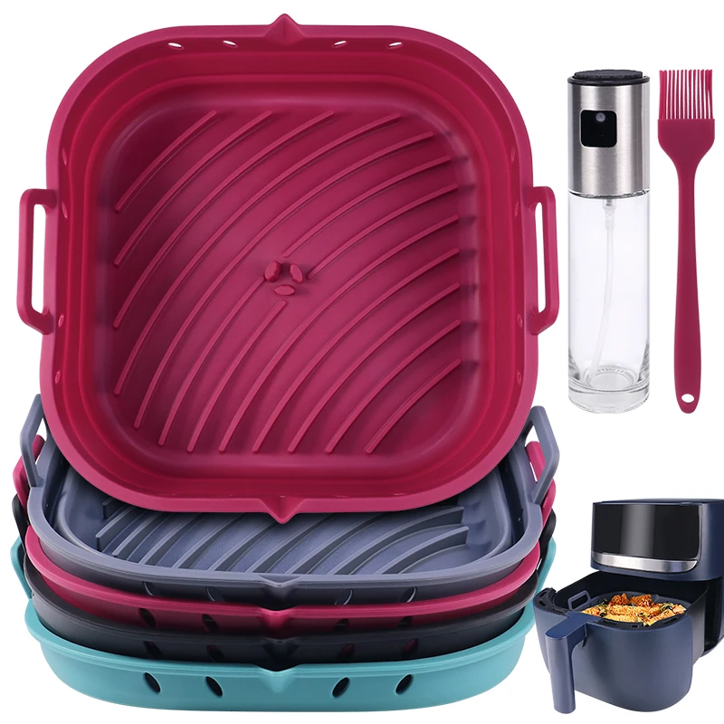 8.5/8.6 Inch 22 cm Heat-Resistant Reusable Foldable Food Safe Air Fryer Square Tray Liners Silicone Air Fryer Liner Silicon Pot