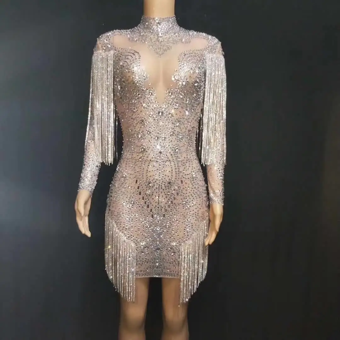 Luxury Performance Roupas Rhinestone Tassel Mesh Sequin See Through Party Birthday Stage Outfits Costume De Danse Dancer Dress