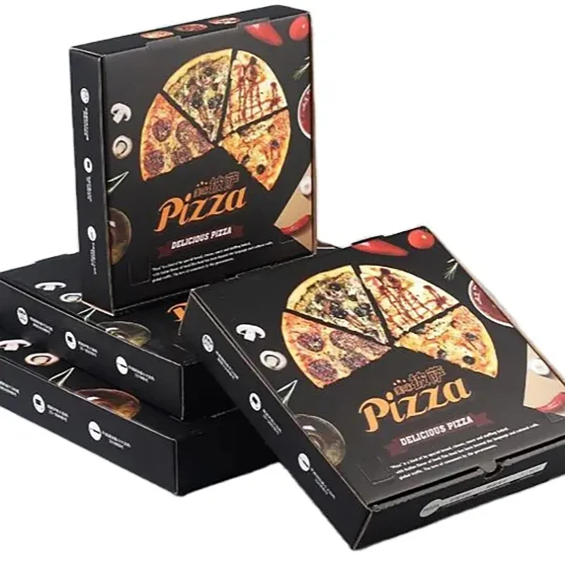 Custom design printed eco friendly foldable 6 8 9 10 12 14 16 18 inch black pizza takeaway packaging box