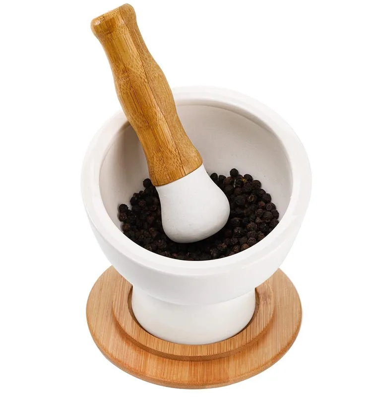 Mixing Grinding Bowl Non Slip Bamboo Tray Grinder Kitchen Cooking Tool Spice Herb Pesto Guacamole Ceramic Mortar And Pestle