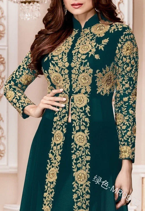 New Retro ethnic Print Long Sleeve stand collar 2-piece temperament dress Muslim dress