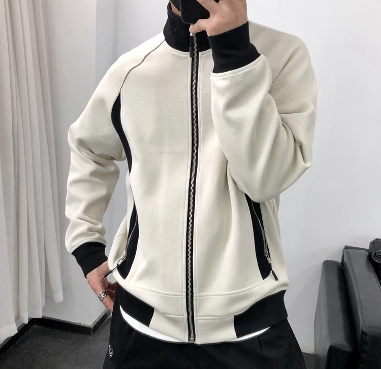 Autumn cotton stand-up collar splicing color contrast casual zipper jacket for men