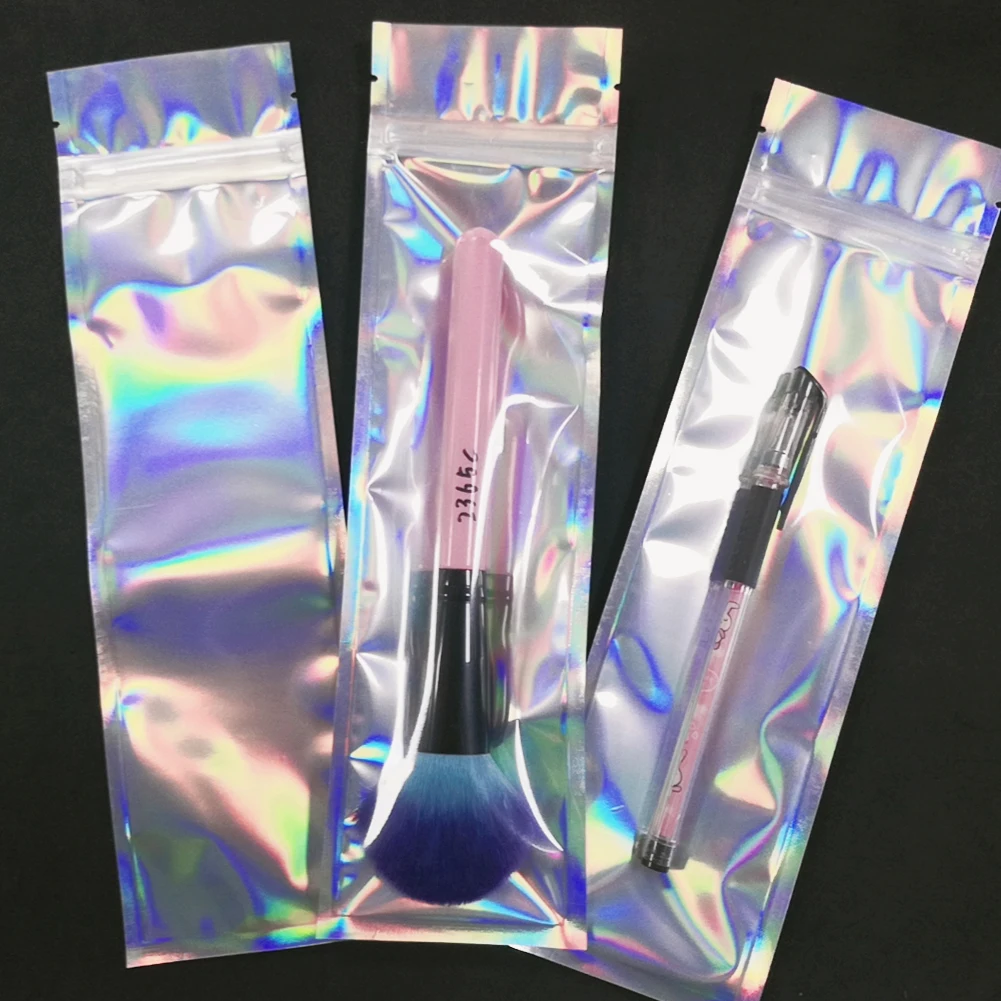 75*260mm Makeup Brush Resealable Hologram Laser Transparent Plastic Zipper Bag Free Shipping Foil Packaging