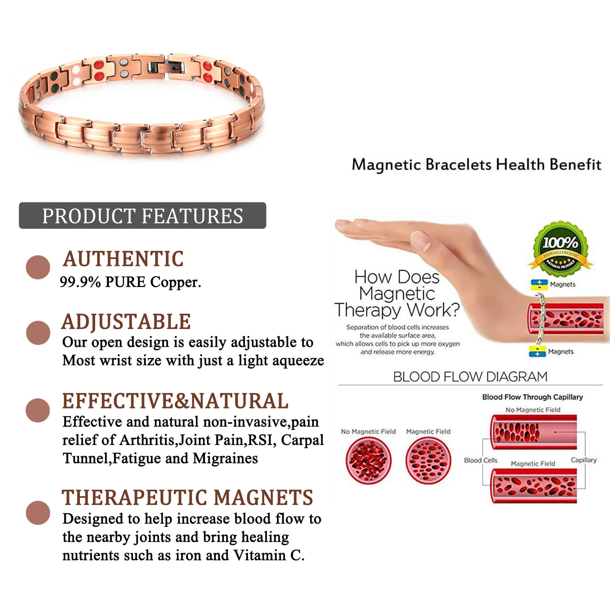 Factory Wholesale Fashion Pure Copper Jewelry 4 In 1 Health Attributes Bracelet Unisex Simple Style Magnetic Bracelet