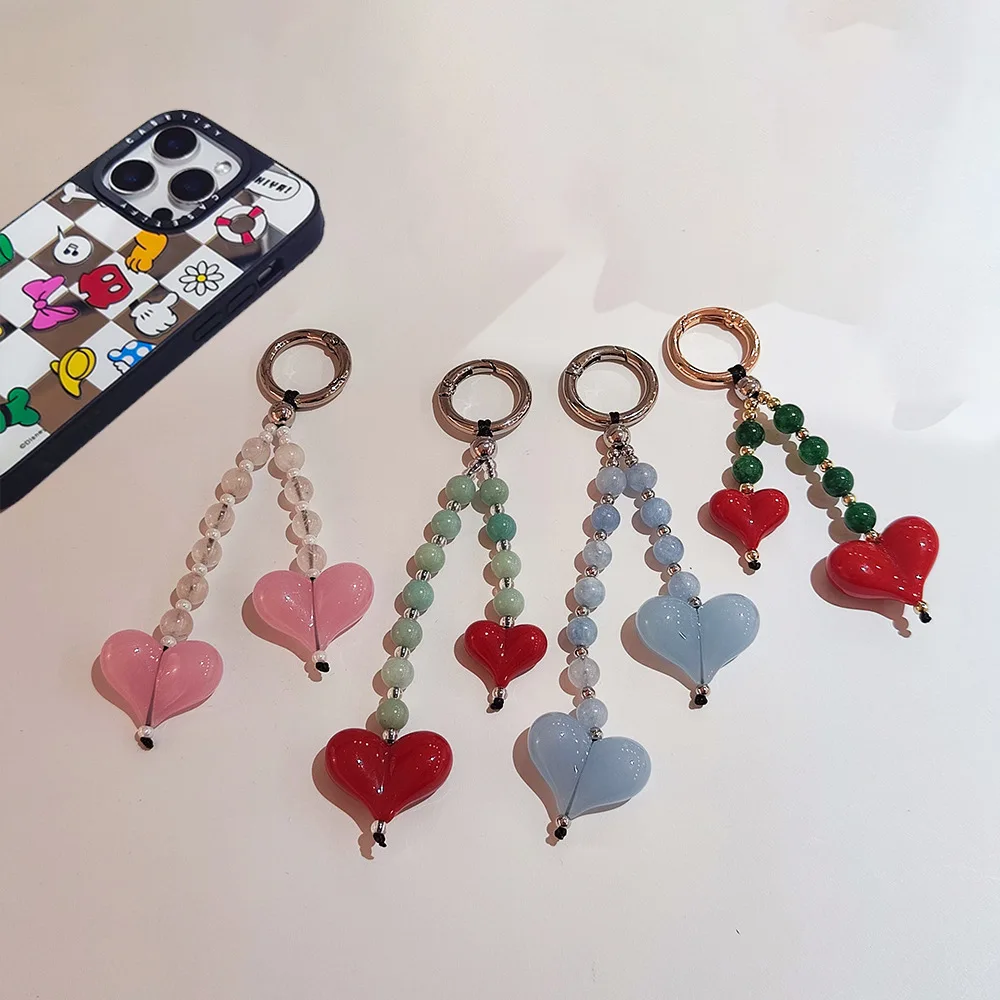 Sweet Crystal Stone Bead Keychain 3D Heart Acrylic Key Chain Backpack Pendant Phone Case Charms for Girls Gift