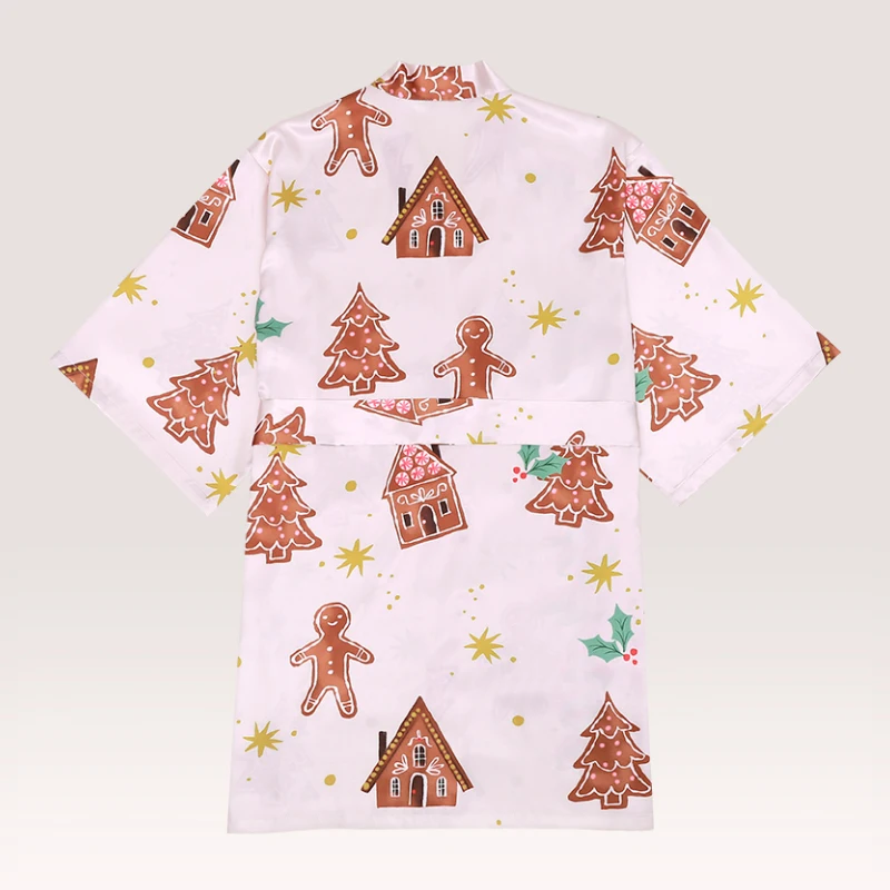 2022 Free size christmas tree pattern designs lounge wear three quarters sleeve satin silky christmas short robe for adult women
