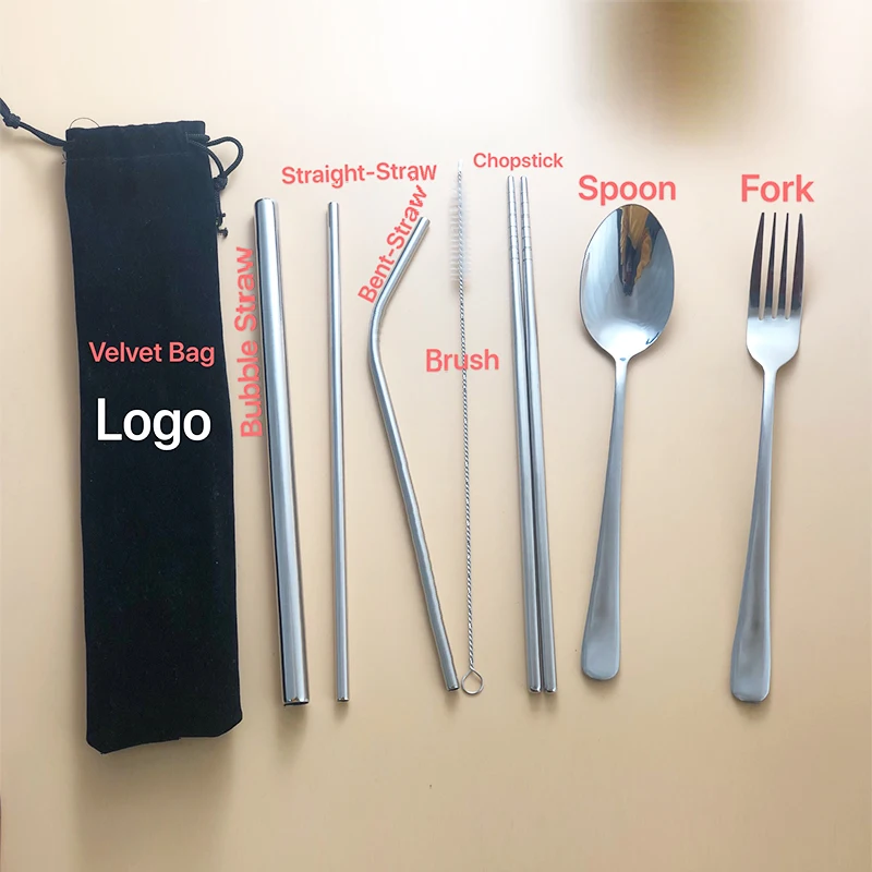 7pcs Cutlery Straw Gift Set Spoon Fork Chopstick Straw bag Picnic Travel Tableware with custom logo