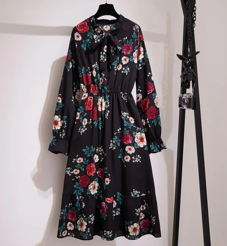Floral Dress Girls In Stock Chiffon Long Sleeve Bohemian Fitted Waist Pleated Casual Long Dress Wholesale