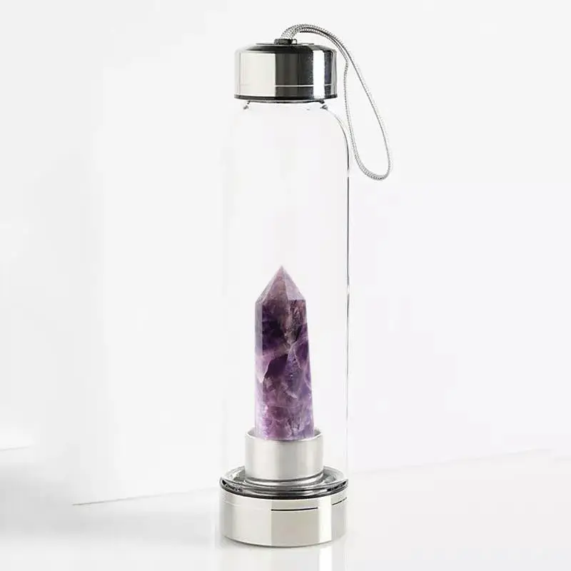 Nature Amethyst Glass Water Bottle With Crystal Stone Inside And Gem Stones Wholesale