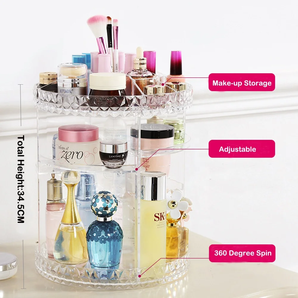 Wholesale diamond surface  PS  cosmetic display rack acrylic 360 rotating makeup organizer