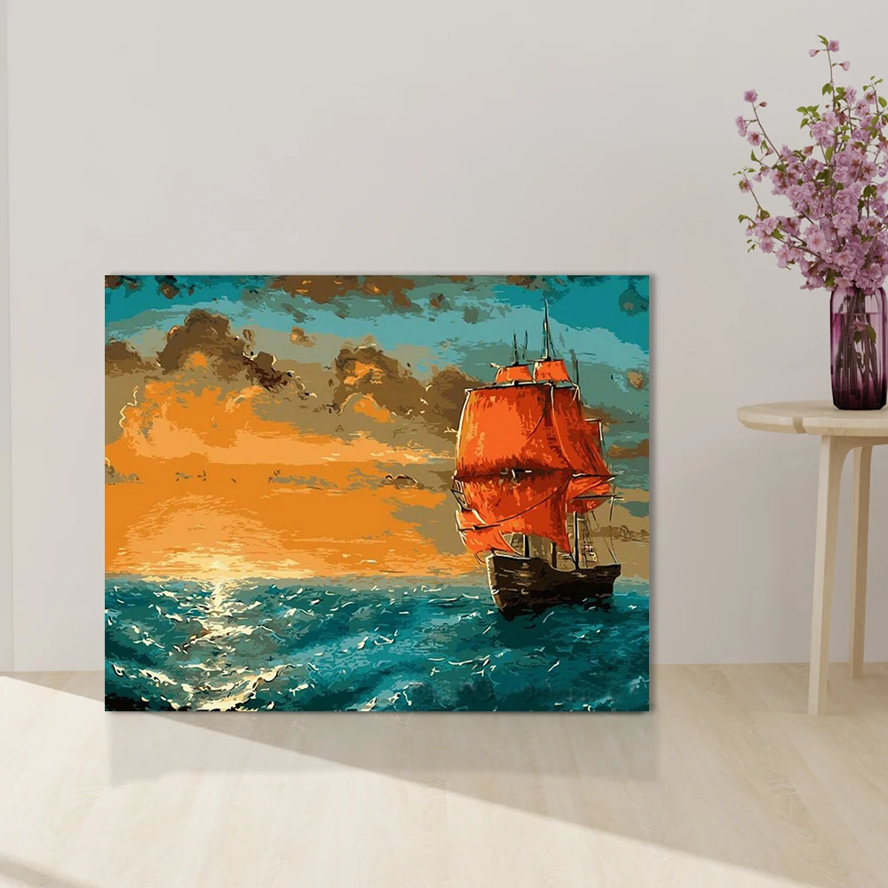 Modern Design sailboat sailed on the sea at sunset diy oil painting by numbers