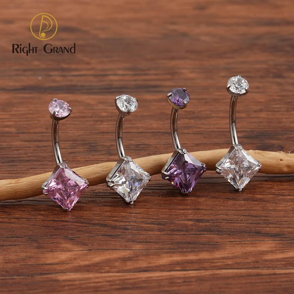 Right Grand ASTM F136 Titanium 14G Belly Button Ring Internally Threaded Navel Barbell Piercing with Square Cubic Zirconia