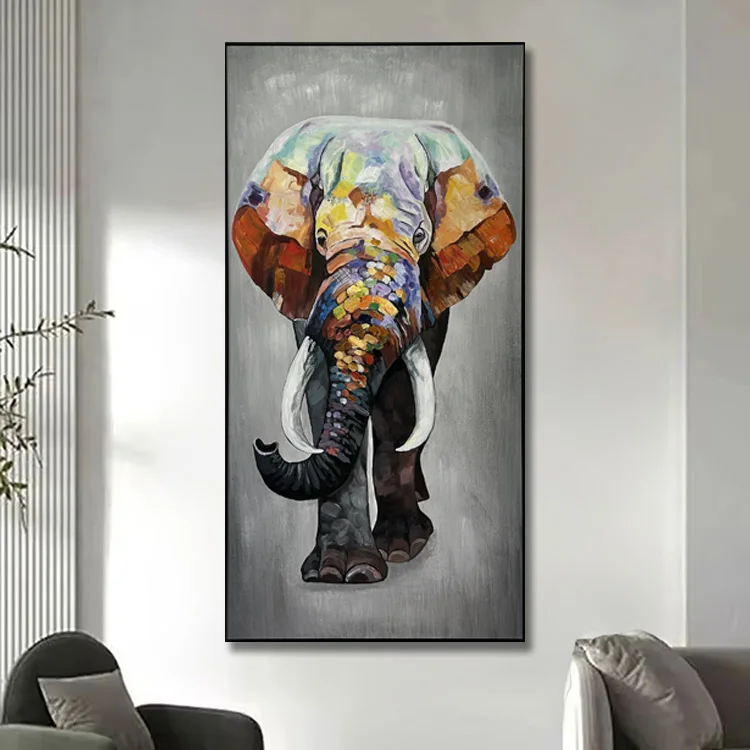 Hotel Decor Large Size Animal Race Art Handmade Oil Colourful Elephants Painting