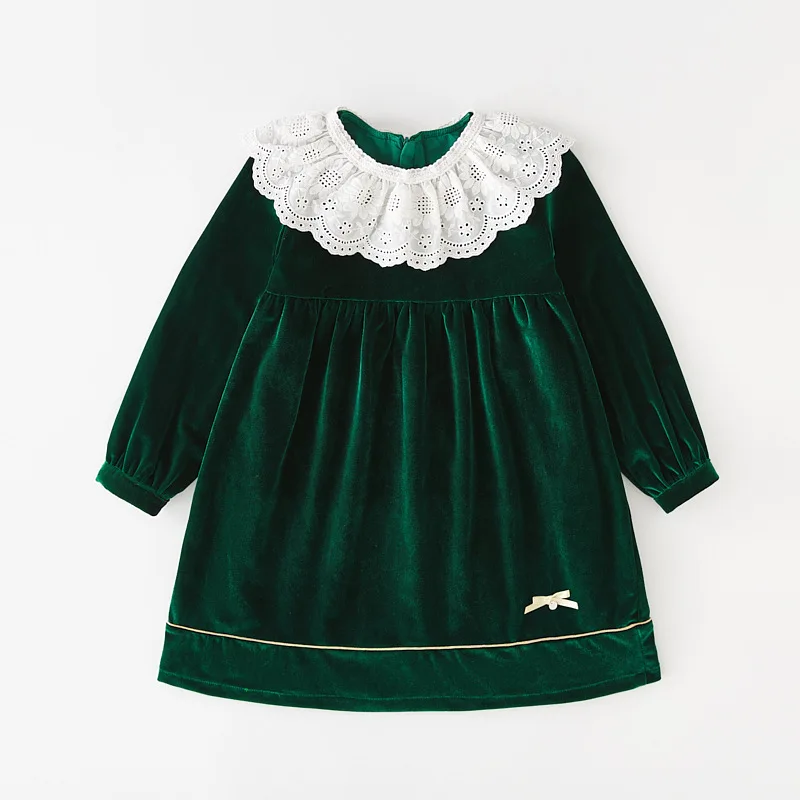 dg063 Christmas red green little baby girls velvet dresses infant toddler kids lace ruffles dress princess clothing