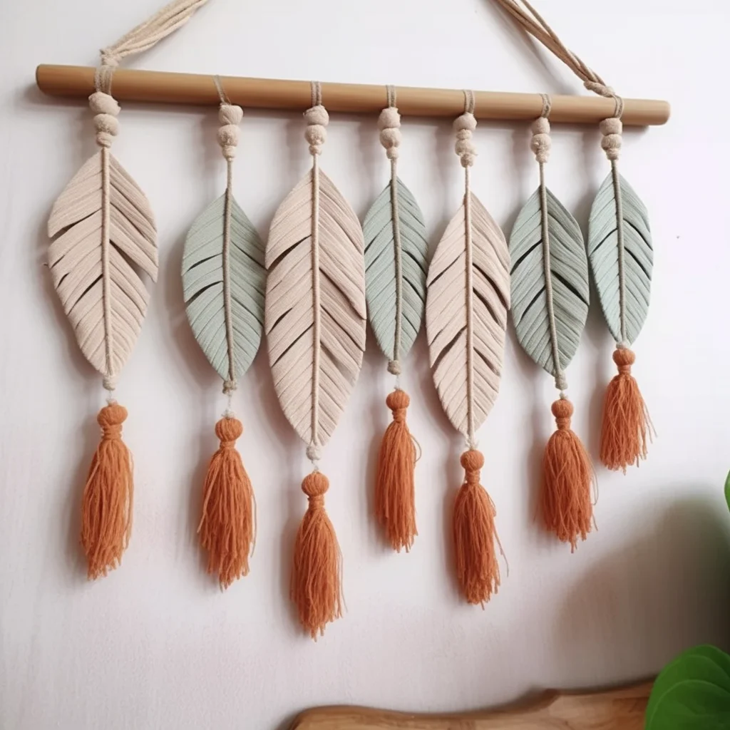 Настенный декор из хлопка макраме с перьями и листьями деревянным верхом