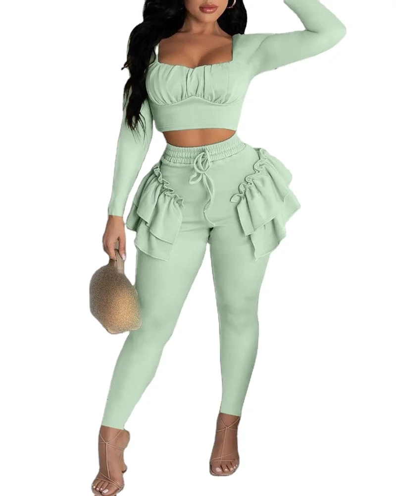 A615 Autumn Winter Solid Color Long Sleeve Short Crop Tops Trousers Korean Two Piece Women New Arrivals Suits Plus Size