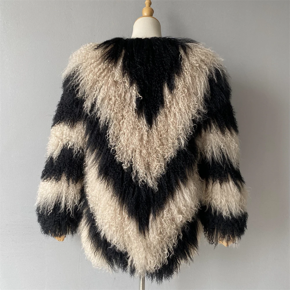 Wholesale Soft Elegant Custom Logo Winter Overcoat Fluffy Thick Warm Luxury Long Real Mongolian Lamb Sheep Skin Fur Coat Women