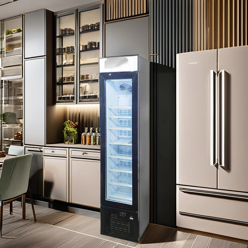 Meisda SD105B Portable Electric Refrigerator Single Glass Door Upright Freezer with Wheels for Ice Cream Store Promotion