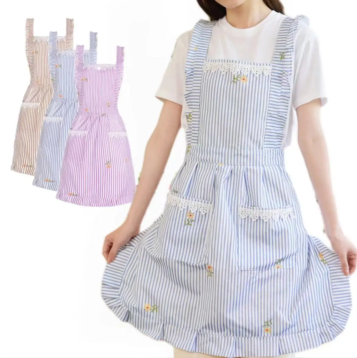 Stripe Designs Women Kitchen Cooking Cleaning Aprons Adjustable Lace Floral Print Household Aprons Full Length With Two Pockets
