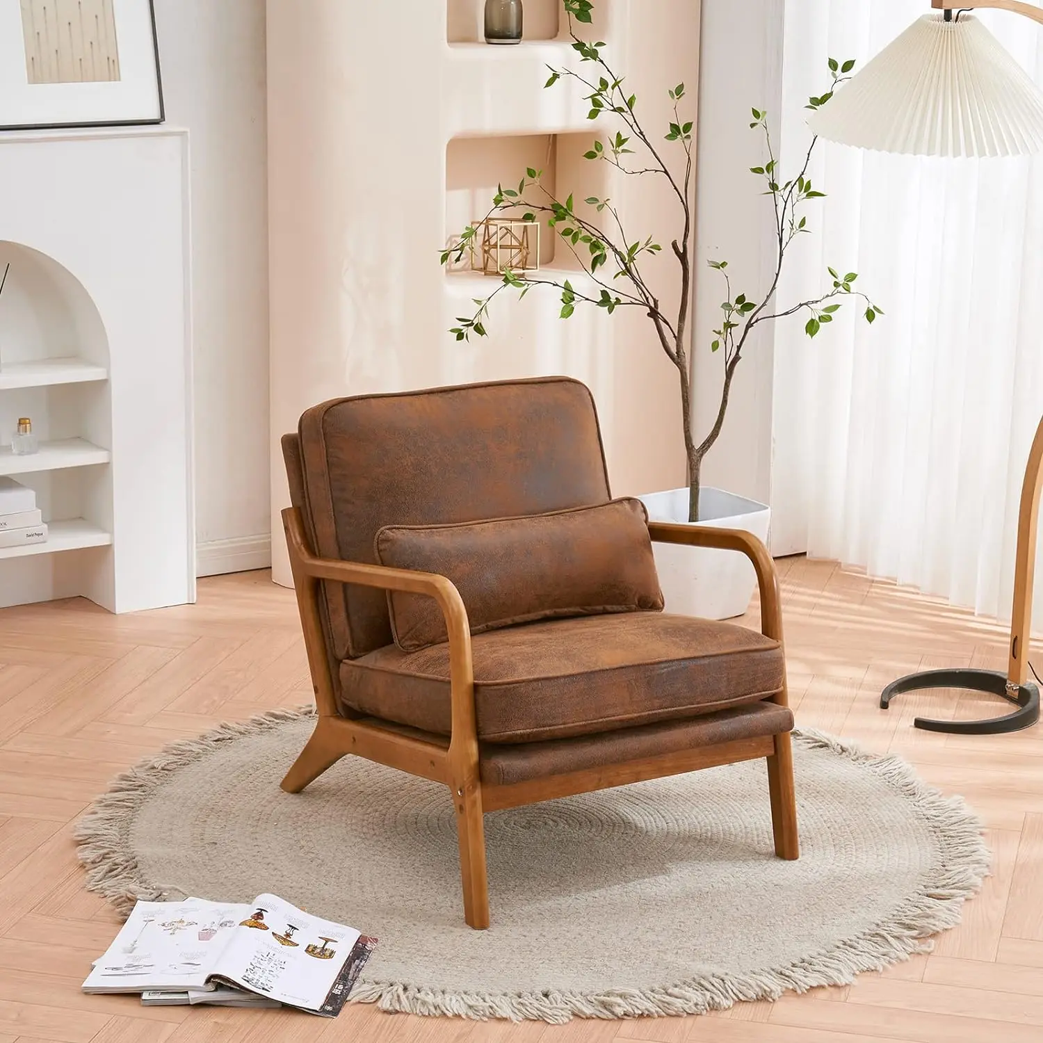 Accent Chair Mid-Century Chair with Pillow Upholstered Lounge Arm Chair with Solid Wood Frame & Soft Cushion for Living Room