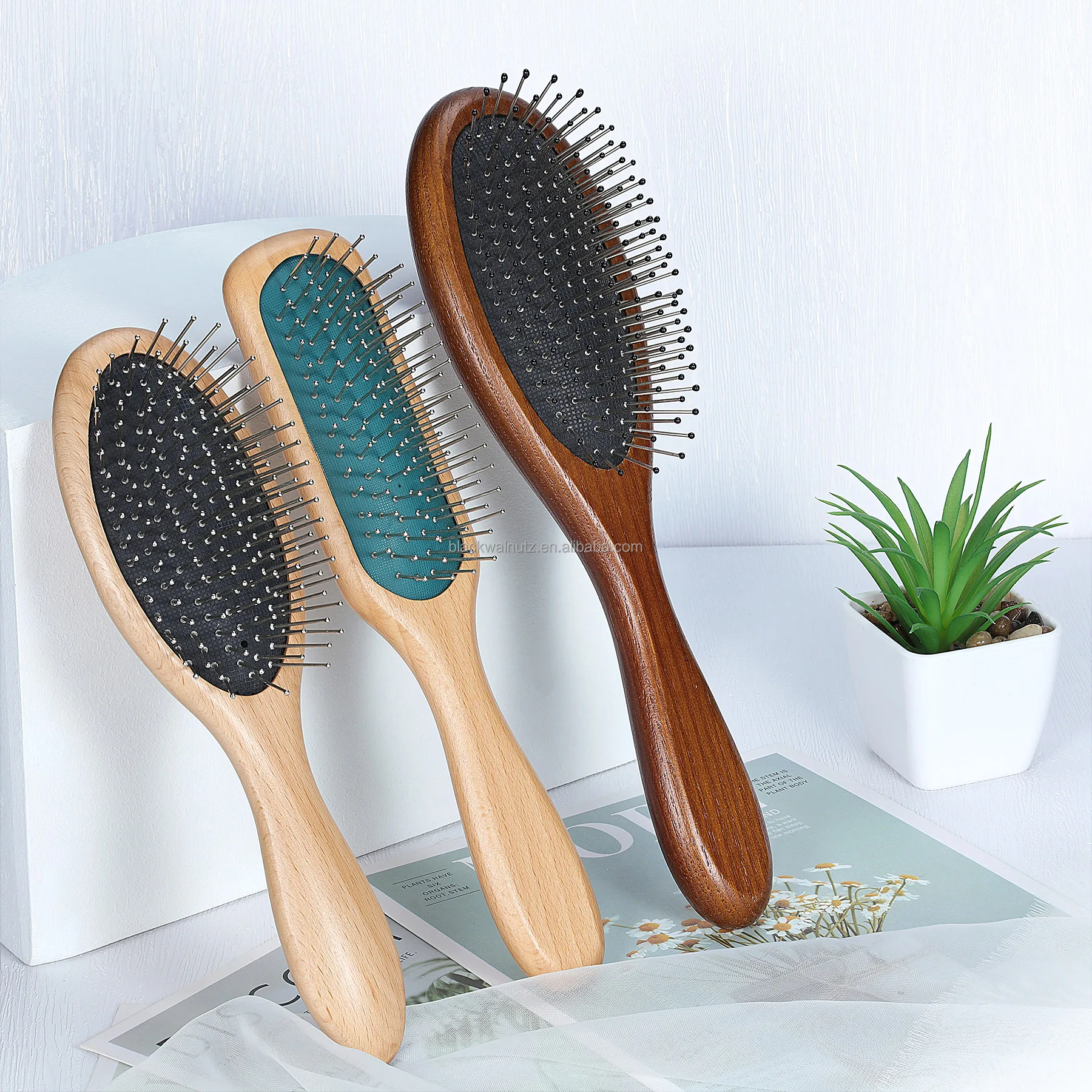 Handle Bamboo beech wood Detangling Hair Brush Boar Bristle stainless ball tip