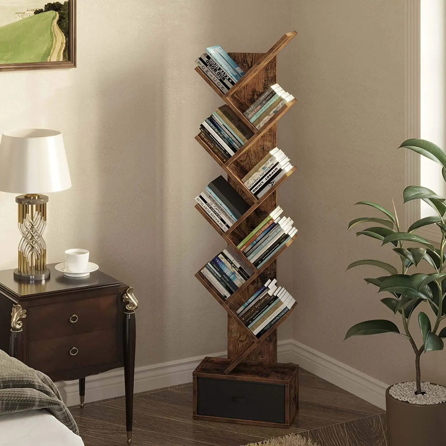 Tree Shelf with Drawer 8-tier Country Brown Bookcase Retro Wood Storage Rack for CD/Movie/Book Useful Storage Living Room  Home