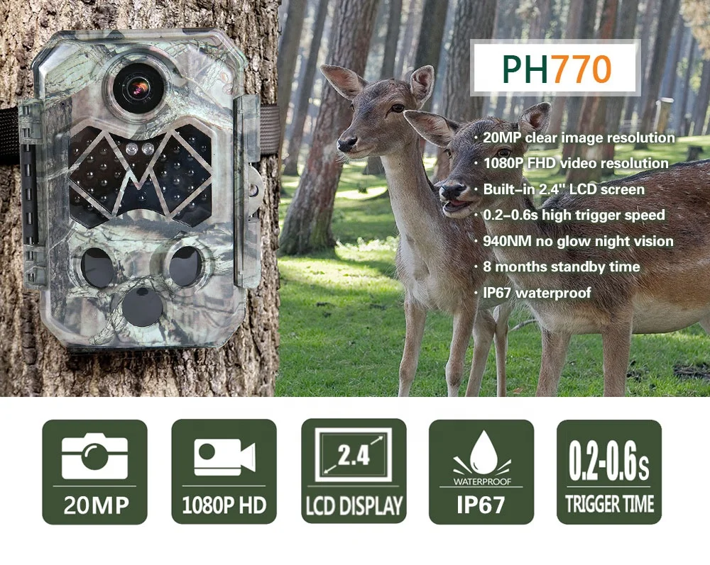 
1080P Full HD 80FT Triggering distance Outdoor Waterproof IP67 940NM Night Vision IR LED Lights Wildlife Hunting Camera 